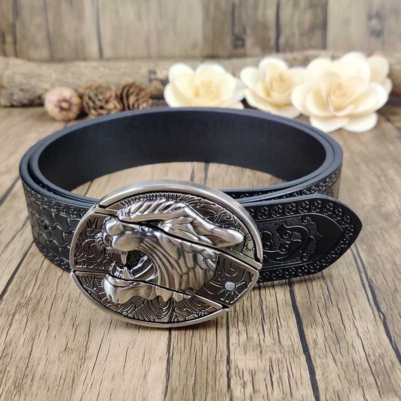 Embossed Country Utility Black Belt with Cool Oval Belt Buckle - CowderryTiger