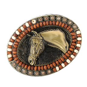 Gold Horsehead with Gemstone Western Belt Buckle - Cowderry