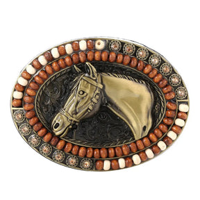 Gold Horsehead with Gemstone Western Belt Buckle - Cowderry