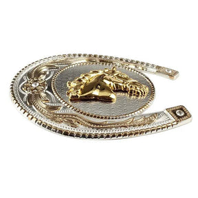 Gold Horseshoe With Horsehead Cowboy Large Belt Buckle - CowderryBelt BuckleGold