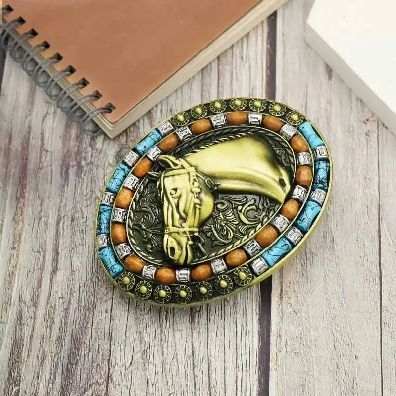 Horse Head Turquoise Decor Western Belt Buckle - CowderryBelt BucklesPewter