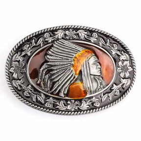 Native American Chief Oval Belt Buckle - CowderrySilver
