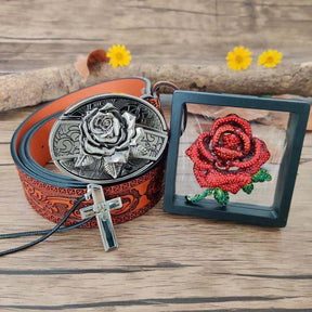 Rose Jewelry Set: Belt, Cross Necklace, and Red Rose Brooch - CowderryBelt32-34 (Fit Waist 30-32 in)