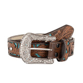 Western Turquoise Floral Embossed Belt for Women 1.5" Wide - CowderryBeltFit Waist: 31-33 in