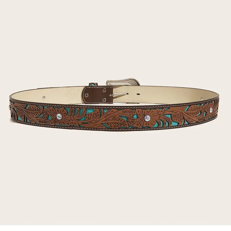 Western Turquoise Floral Embossed Belt for Women 1.5" Wide - CowderryBeltFit Waist: 31-33 in